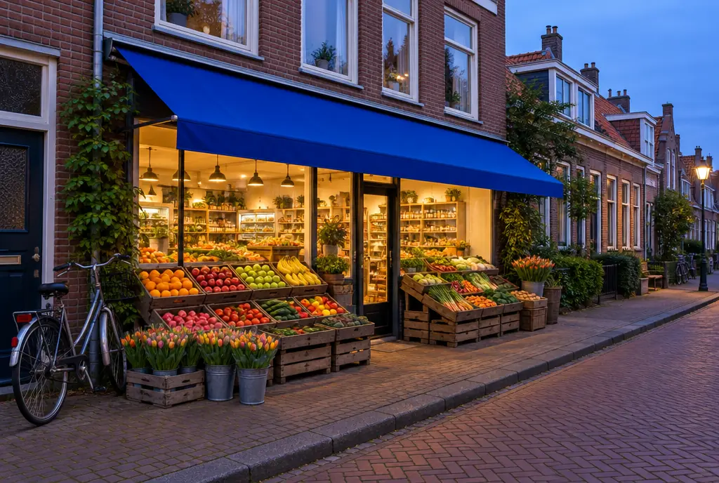 De winkel van Mandje met een blauw zonnescherm, kratten fruit en bossen tulpen op de stoep
